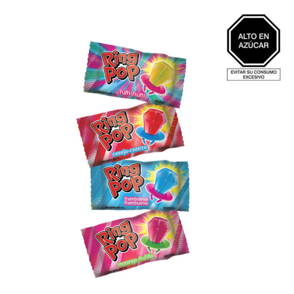 Caramelo duro de sabores surtidos Ring Pop :Frutilla, Cereza, Tutti fruti, Frambueza x 10 gr. Display x 12 unidades